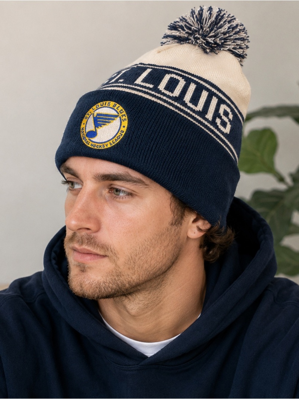 St. Louis Blues Hockey League Pom Pom Knit Beanie | Navy & Cream Winter Hat